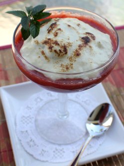 Ruhbarb Strawberry Compote with Quarkschaum in Wine Glass 